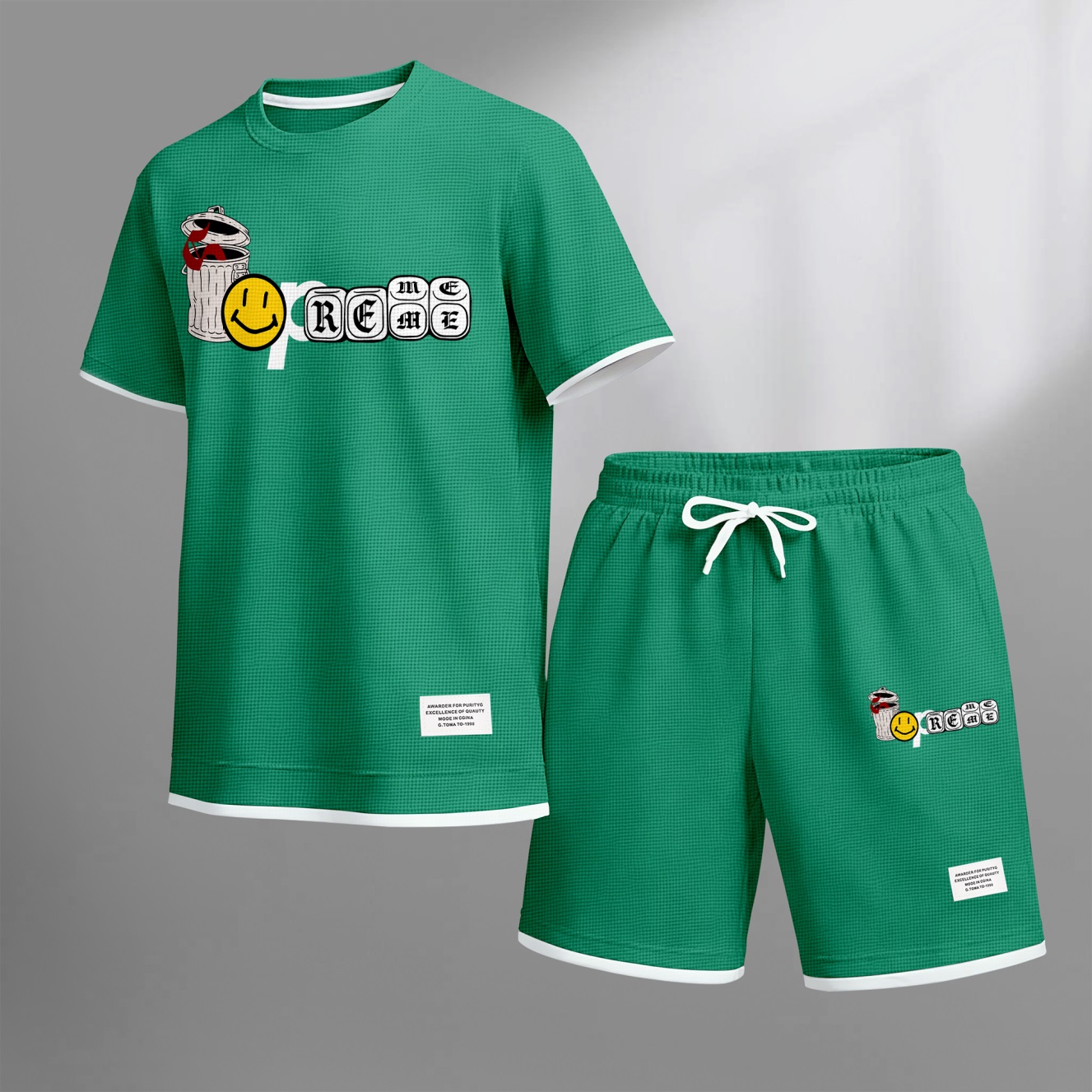 Camisa Graffiti Collage Design estampado Waffle Fabric de manga corta And shorts Set para hombre