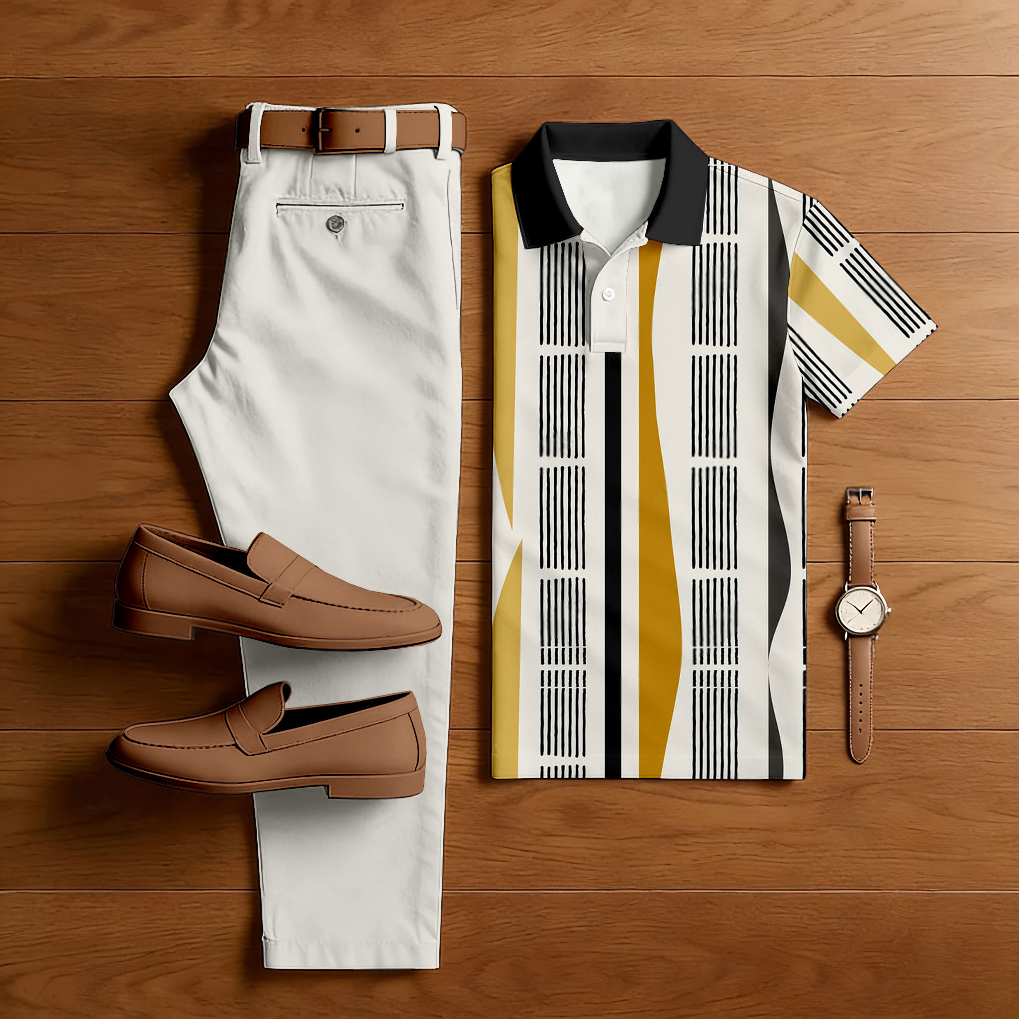 Conjunto de dos piezas casual White Geometry estampado camisa polo And pantalón para hombre