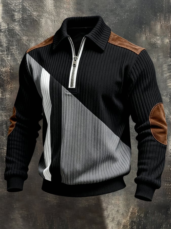 para hombre retro en bloques de color Print Color-Blocked con cierre Sweacamiseta