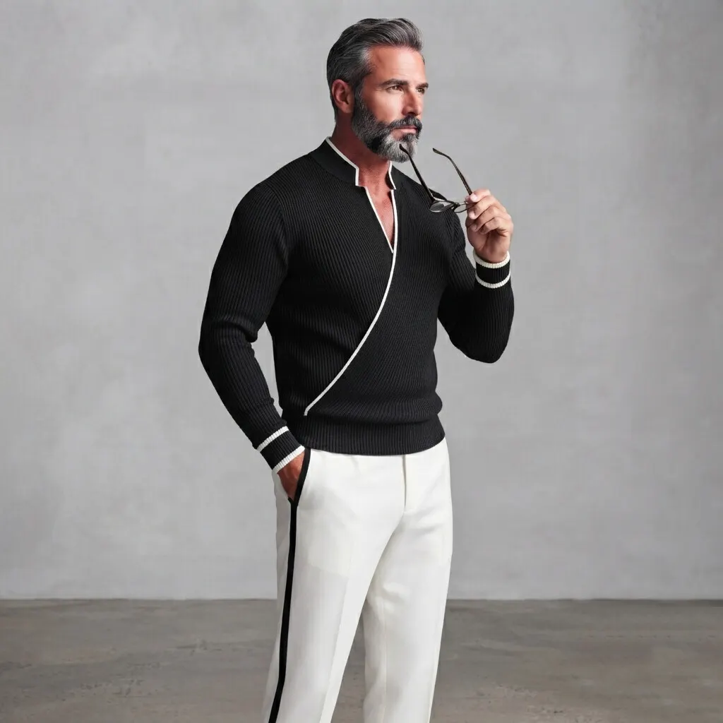 para hombre Black Ribbed tejido Stand Collar Contrast Piping de corte entallado Wrapped Sweater