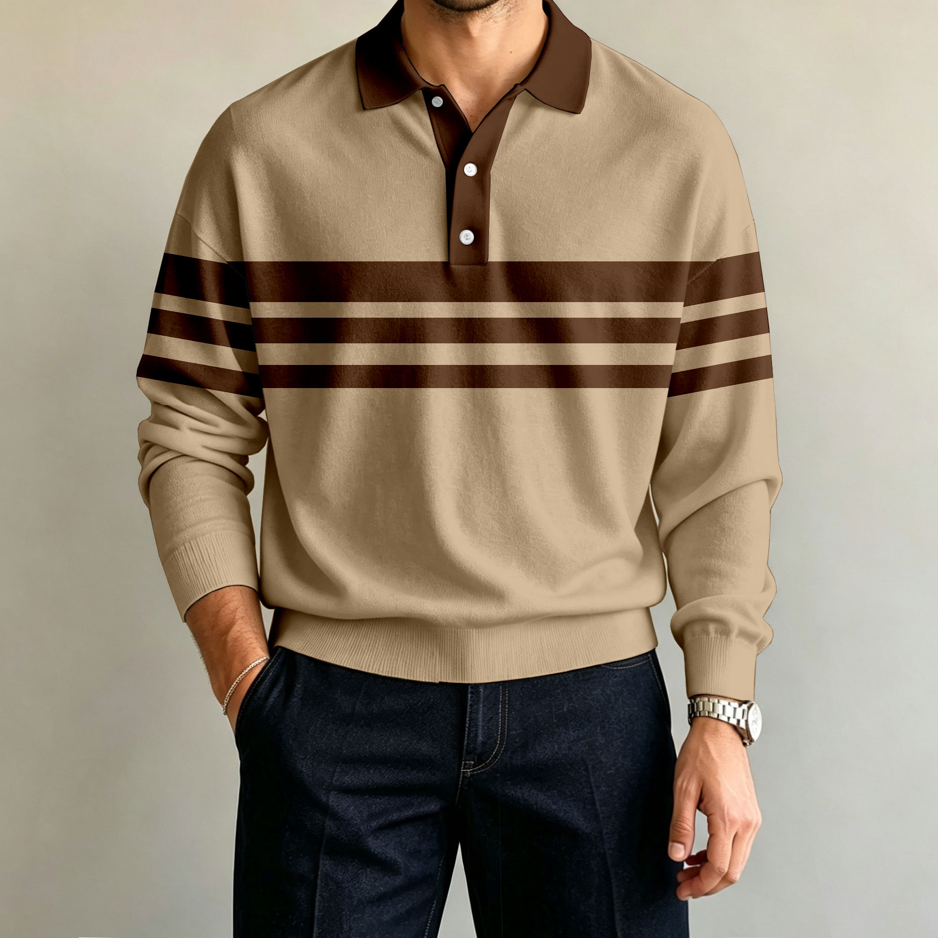 para hombre Brown a rayas de manga larga camisa polo