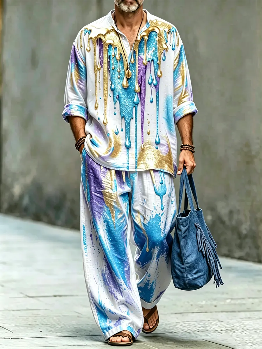para hombre elegante Abstract Art Print de algodón camisa Set
