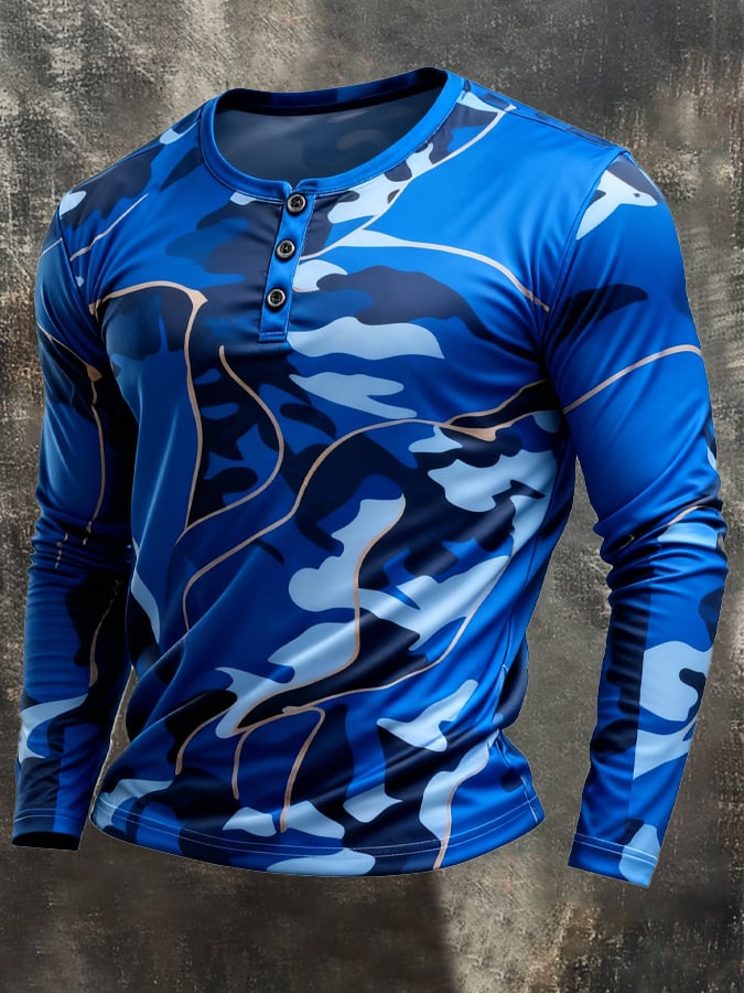 Camiseta retro Stitching Contrast Color Henley cuello de manga larga para hombre