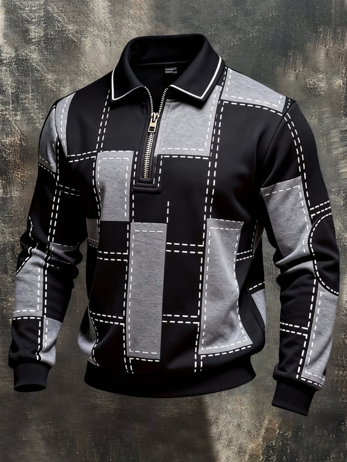 Sudadera retro en bloques de color estampado Color-Blocked con cierre para hombre