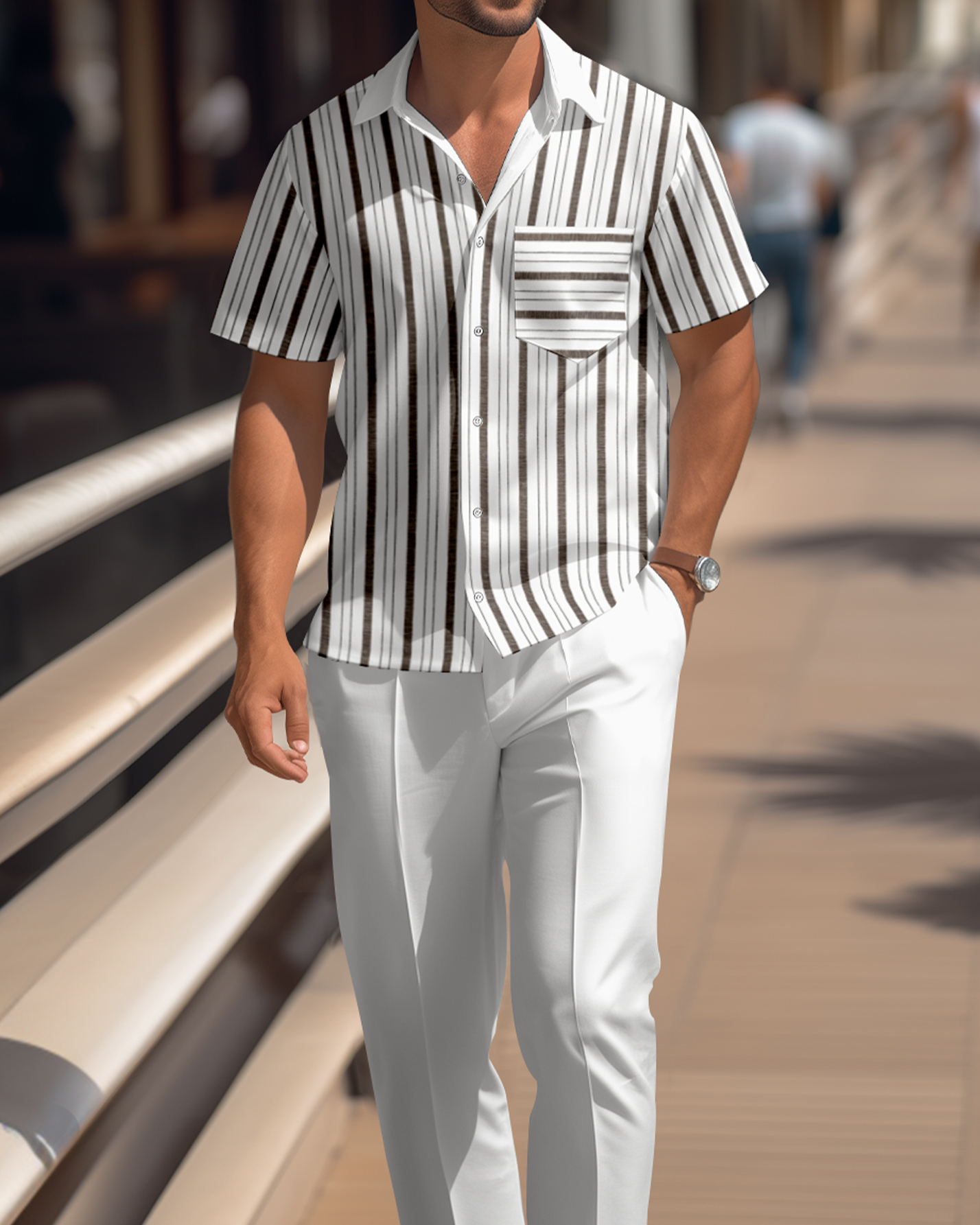 Camisa White a rayas Colorblock de manga corta Walking Suit 1669 para hombre