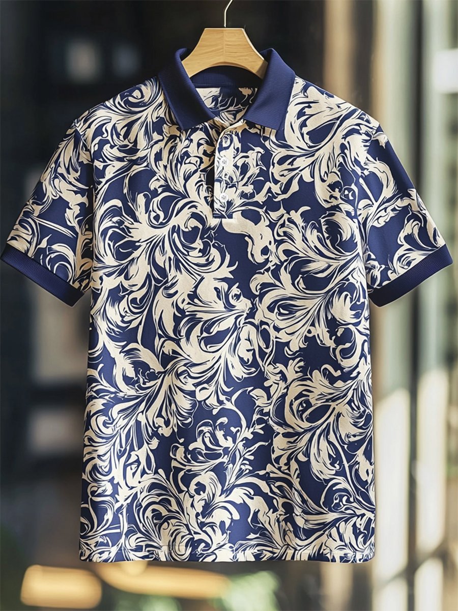 Camisa polo ejecutivo casual Baroque Art Button de manga corta para hombre