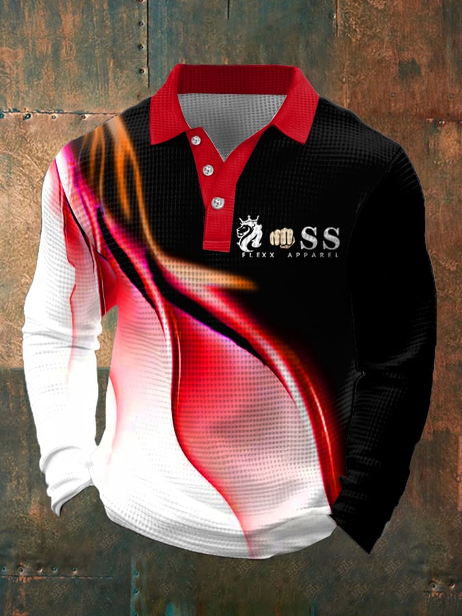 Camisa polo retro Letter Design Waffle Fabric de manga larga para hombre