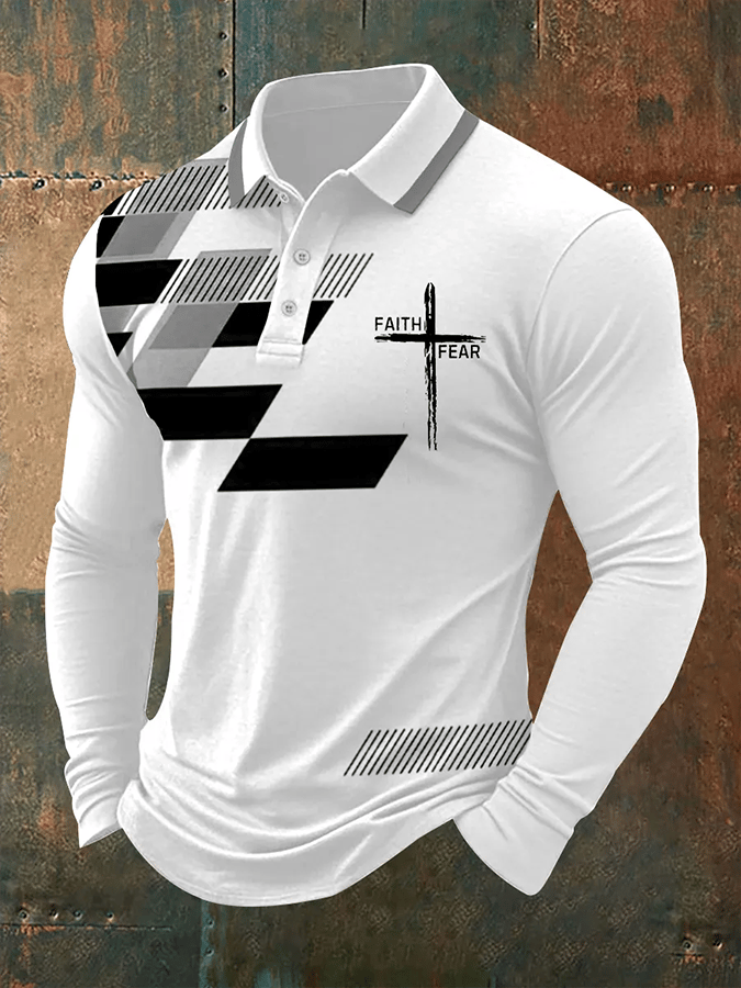 Camisa polo vintage Faith“Faith Over Fear” estampado casual de manga larga para hombre