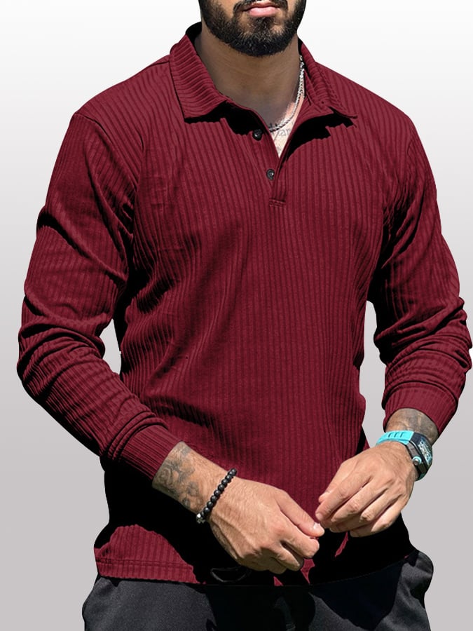 Camisa polo acanalado casual de manga larga Half Button tejido