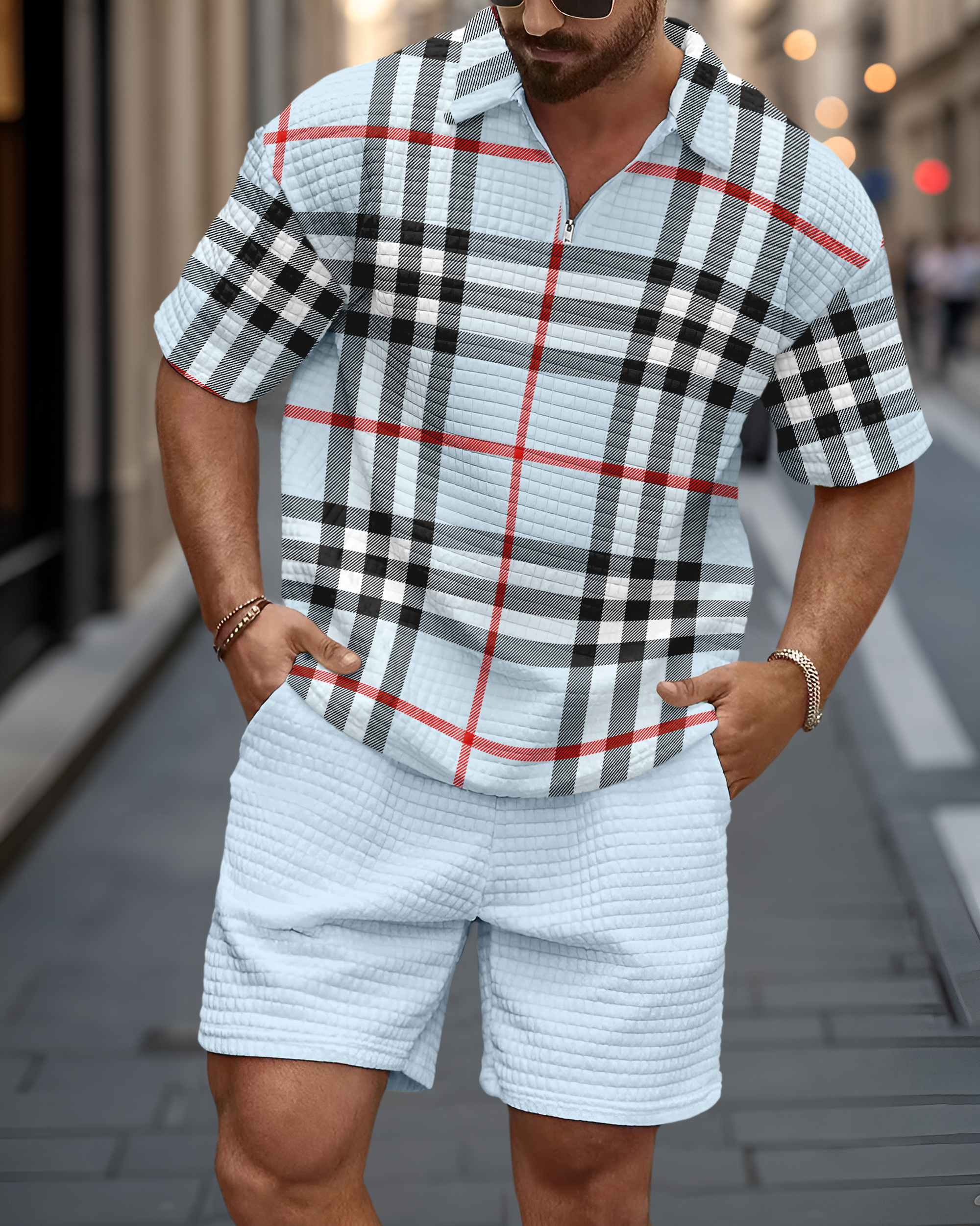 Casual Art estampado Waffle Texture Summer Polo Set 082 para hombre