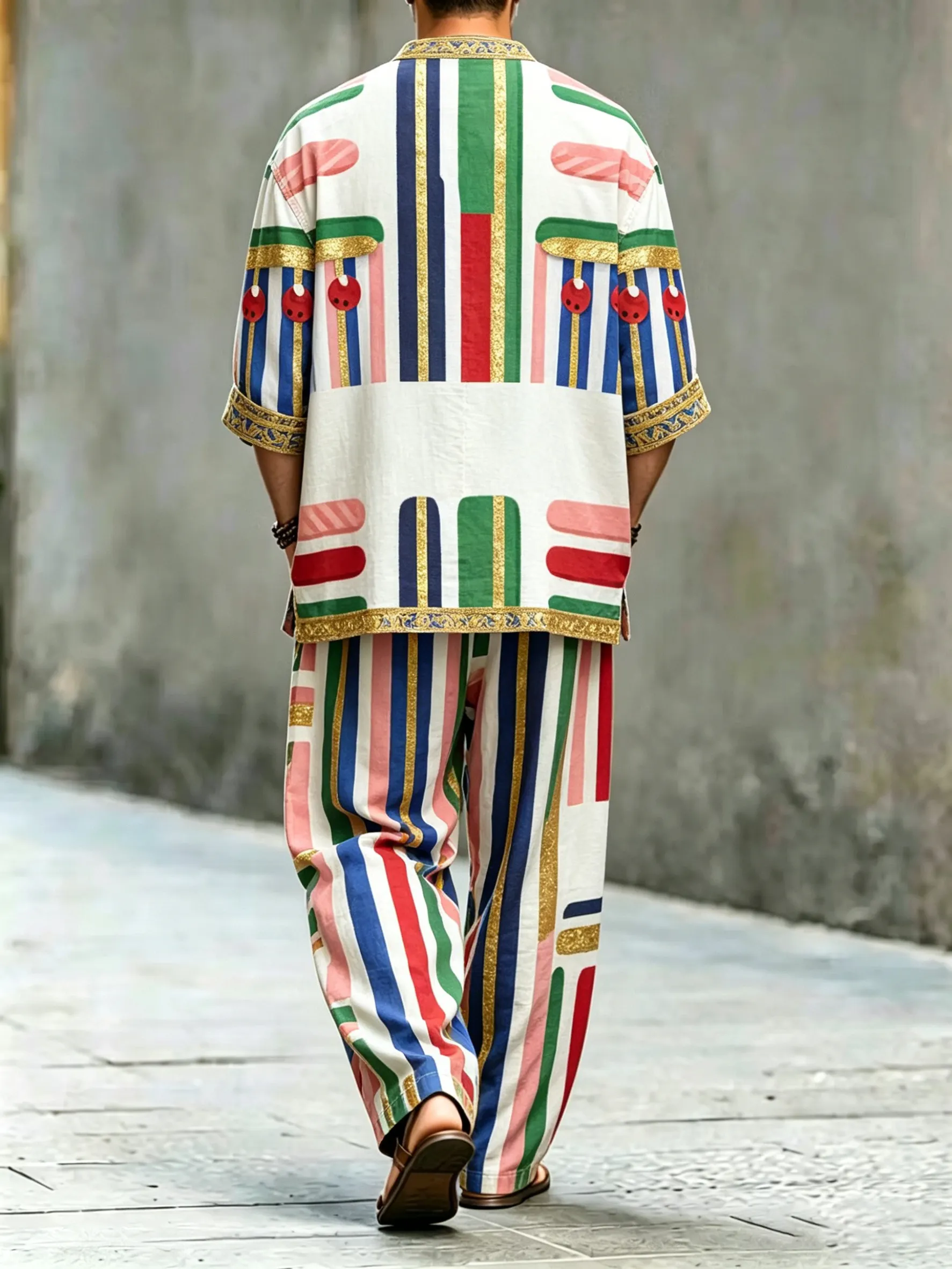para hombre vintage Abstract Art estampado de algodón camisa Set (Top & pantalón)