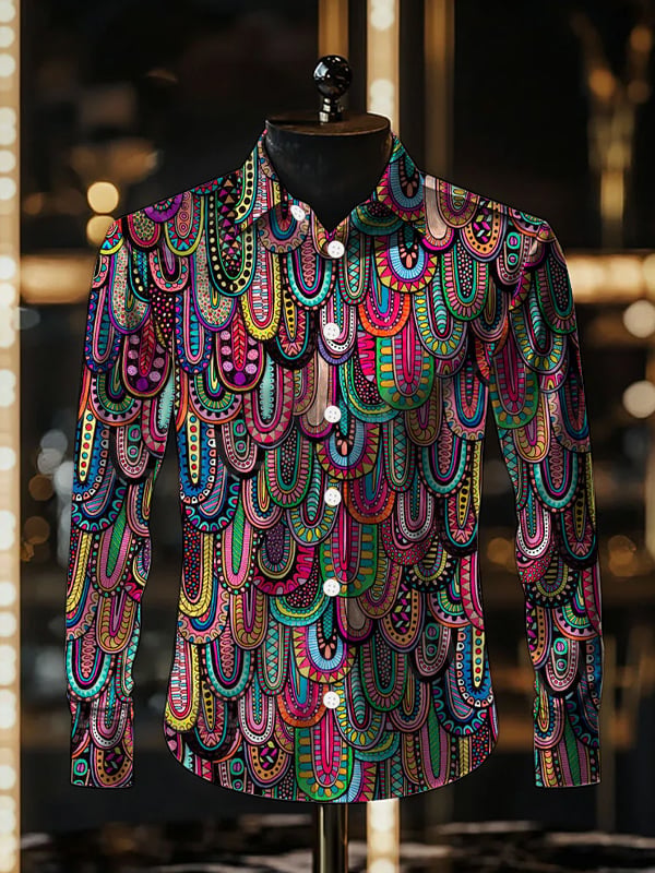 Camisa satén de lujo Ethnic Paisley de manga larga para hombre