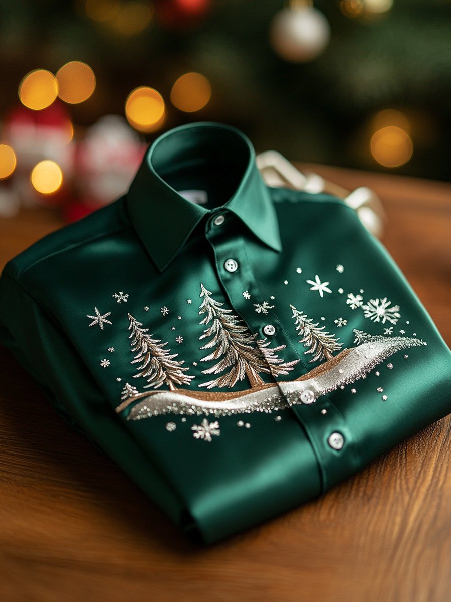 Camisa ejecutivo de lujo Christmas Pine Tree Snow Scene de manga larga para hombre