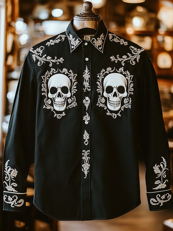 Camisa retro casual Skull estampado de manga larga para hombre