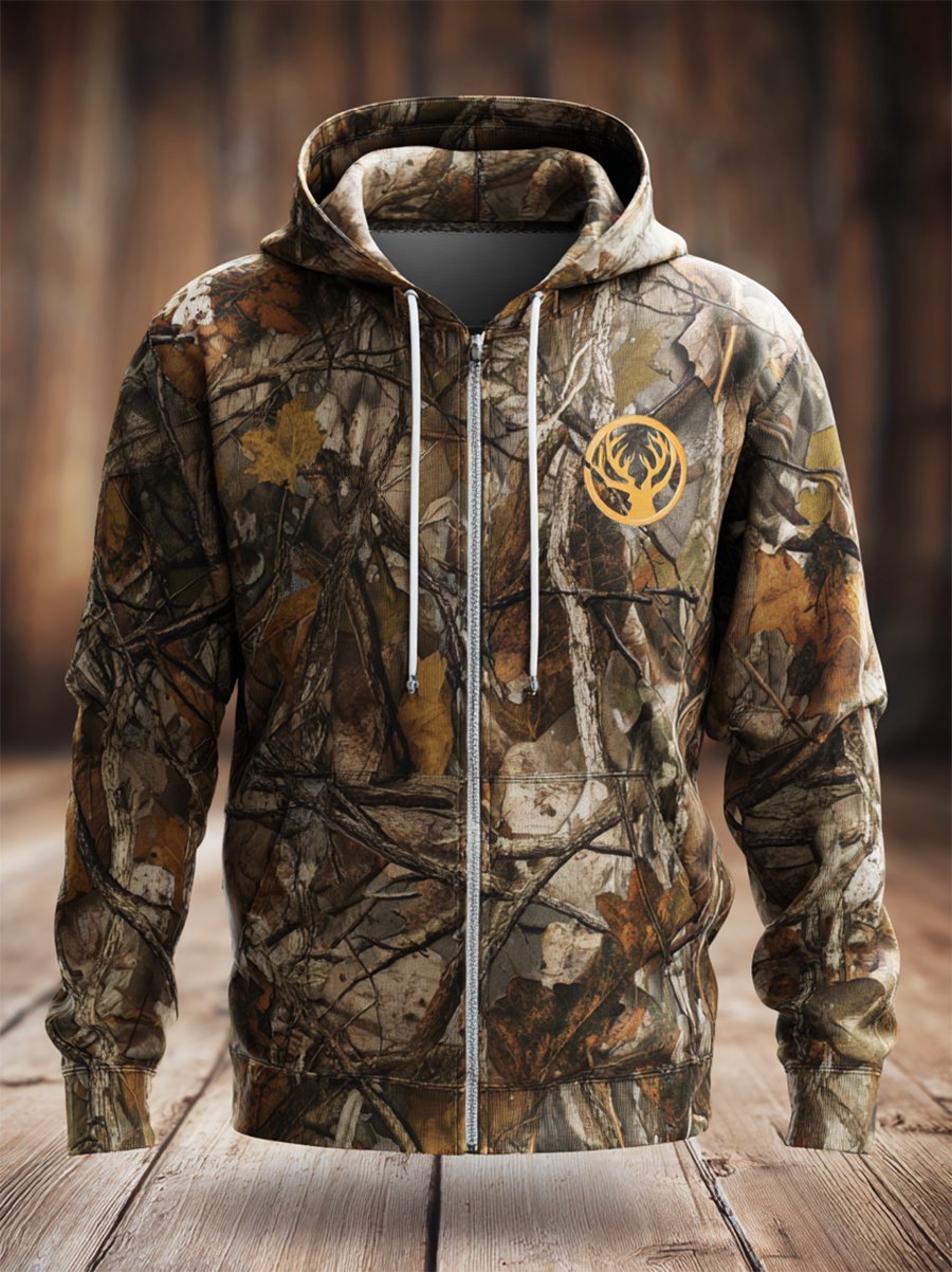 Sudadera retro Leaf camuflaje Hunting Full-Zip cárdigan con gorrasucha para hombre