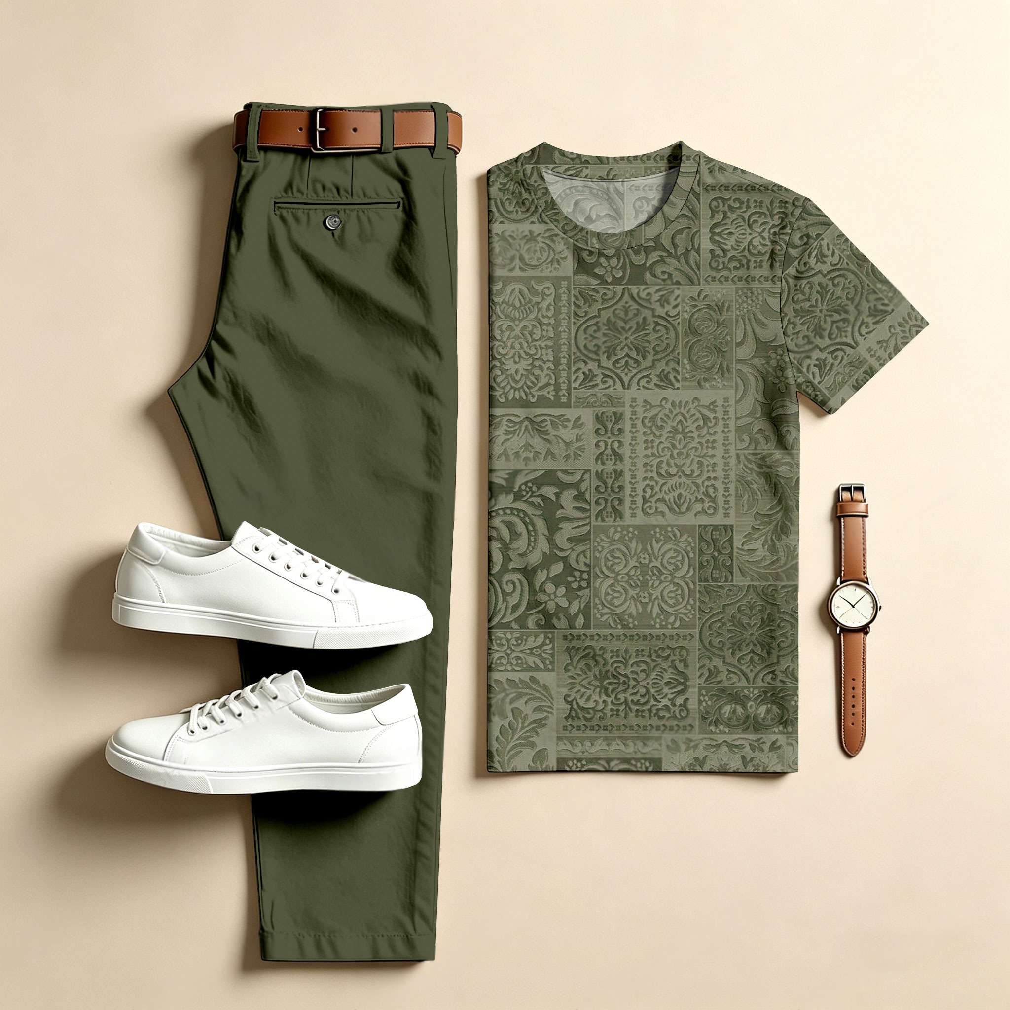 Conjunto de dos piezas casual Dark Green : estampado Crew Neck de manga corta Top & Long pantalón para hombre