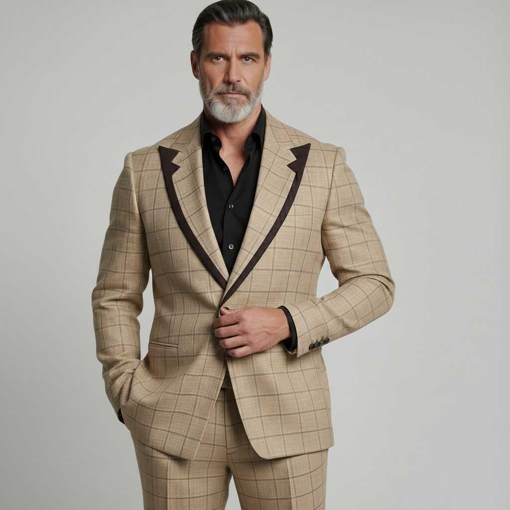 Saco Elegant Khaki a cuadros estampado Contrast Peak Lapel ejecutivo casual para hombre