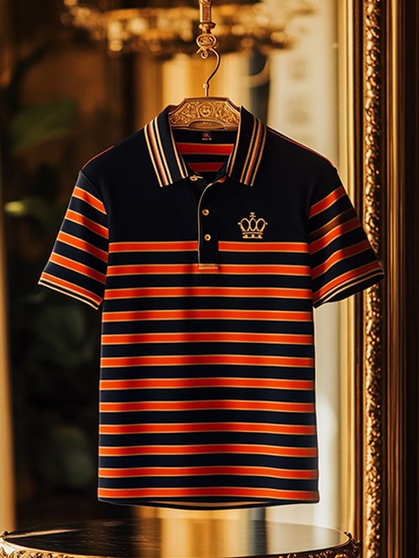 Camisa polo ejecutivo rayas Logo con botones de manga corta para hombre