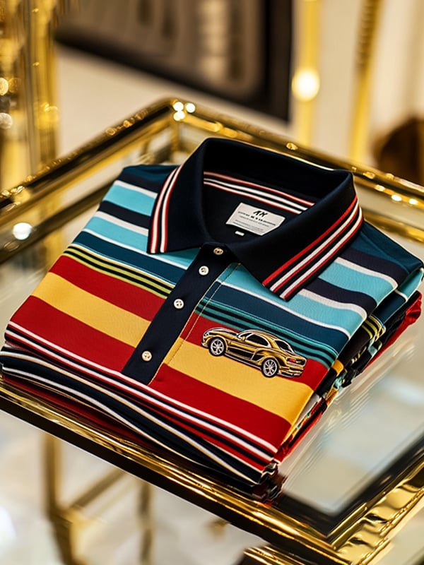 Camisa polo vintage ejecutivo Sports Car Logo rayas estampado de manga larga para hombre