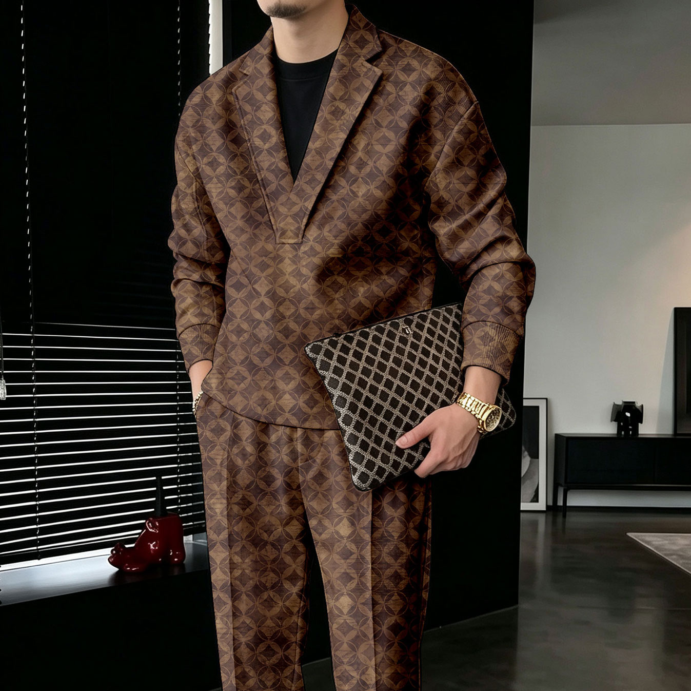 Conjunto de dos piezas Dark Brown V-Neck sudadera and pantalón para hombre