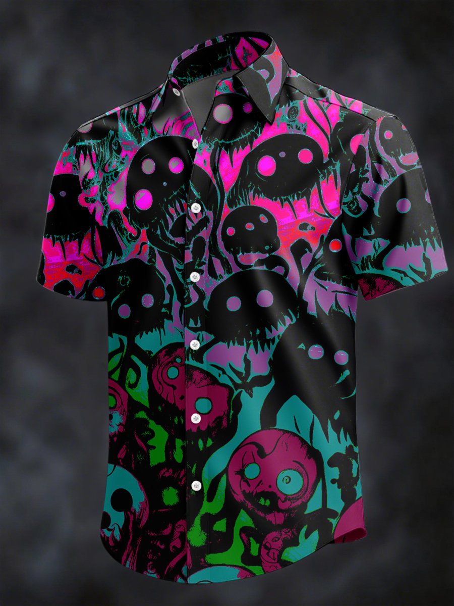 Camisa retro Horror Skull estampado solapa de manga corta para hombre