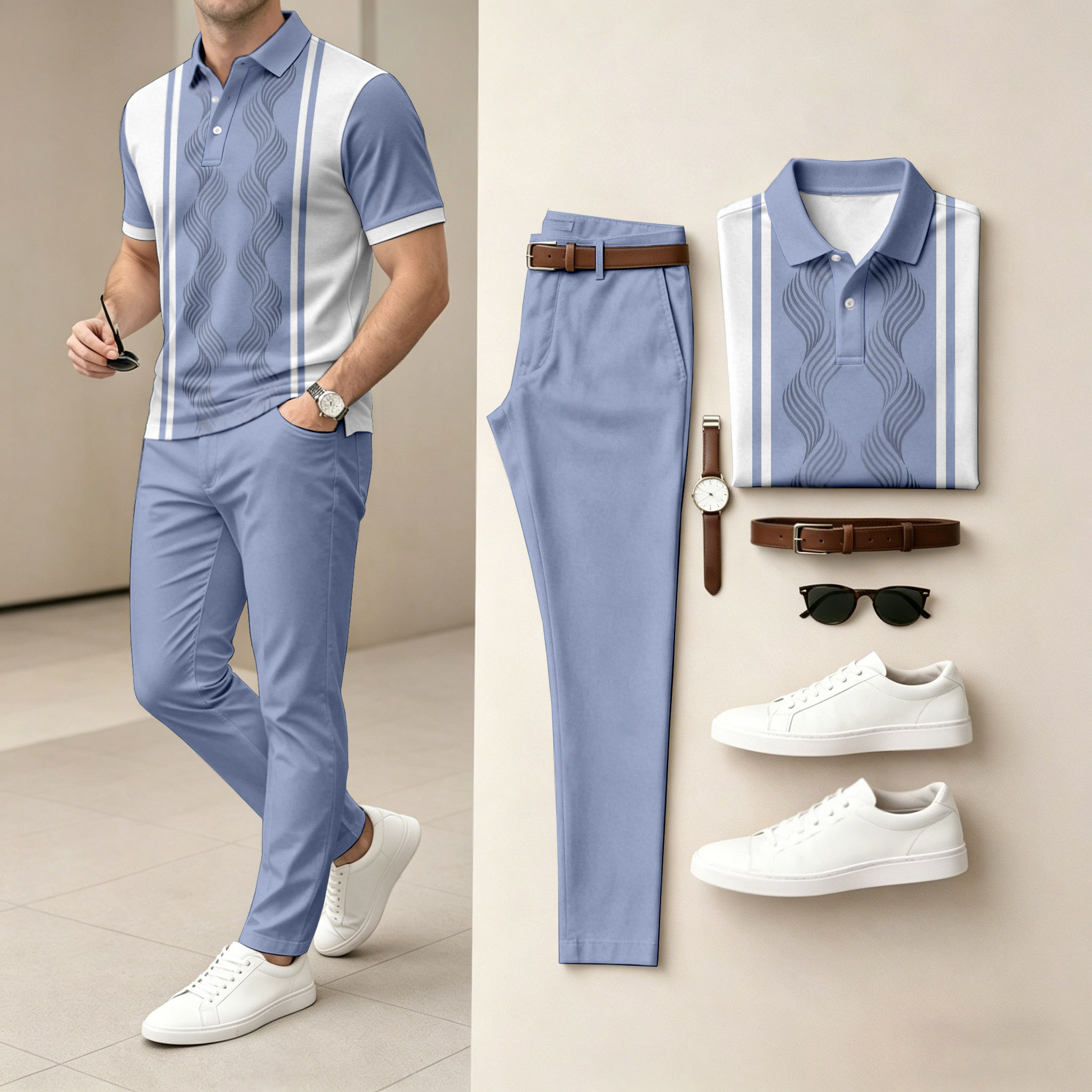Camisa polo casual Vertical-a rayas estampado de manga corta And pantalón Set (Excludes Accessories Such As Watches And Belts) para hombre