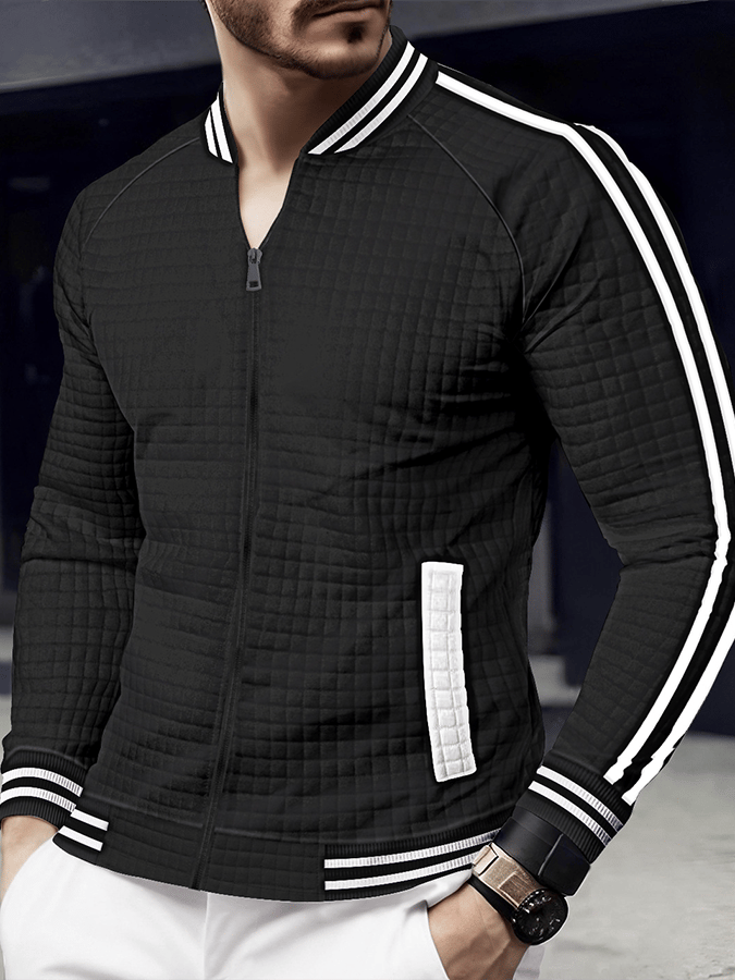 Chaqueta jacquard Stand cuello de color sólido cierre para exterior Versatile para hombre