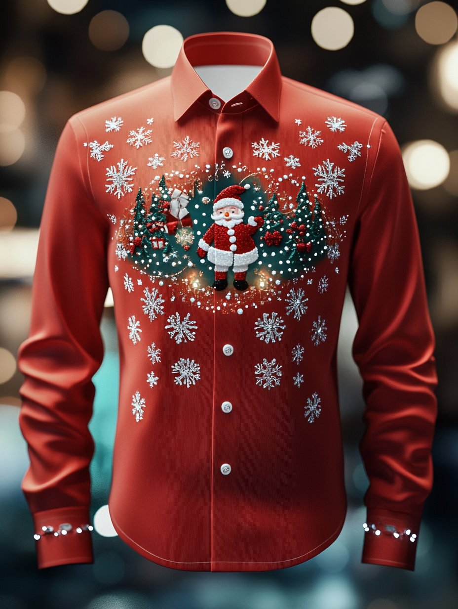 Camisa retro Christmas estampado de manga larga para hombre