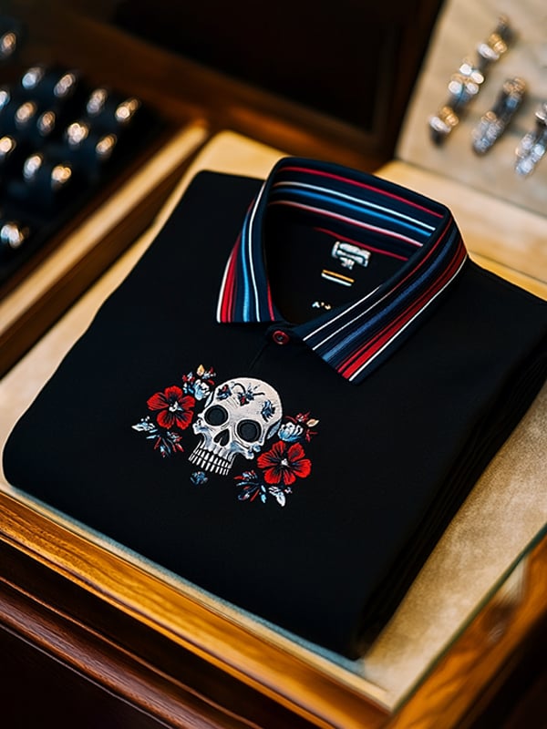 Camisa polo ejecutivo casual Skull estampado con botones para hombre