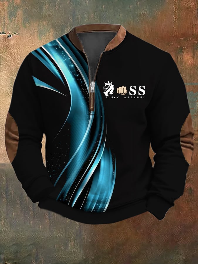 Sudadera retro Letter Design estampado casual cierre cuello de manga larga para hombre