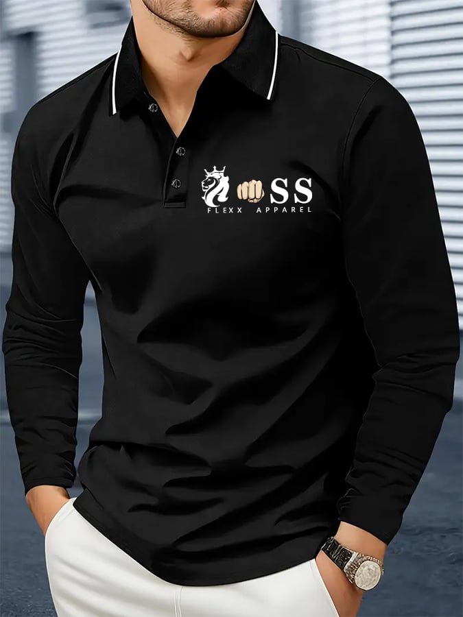 Camisa polo retro Letter Design ejecutivo de manga larga para hombre
