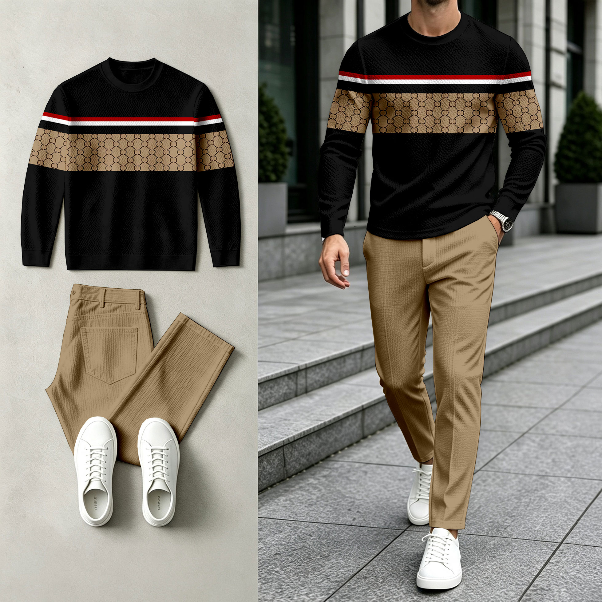 para hombre Color-Blocked Round-Neck Sweacamiseta and pantalón Set