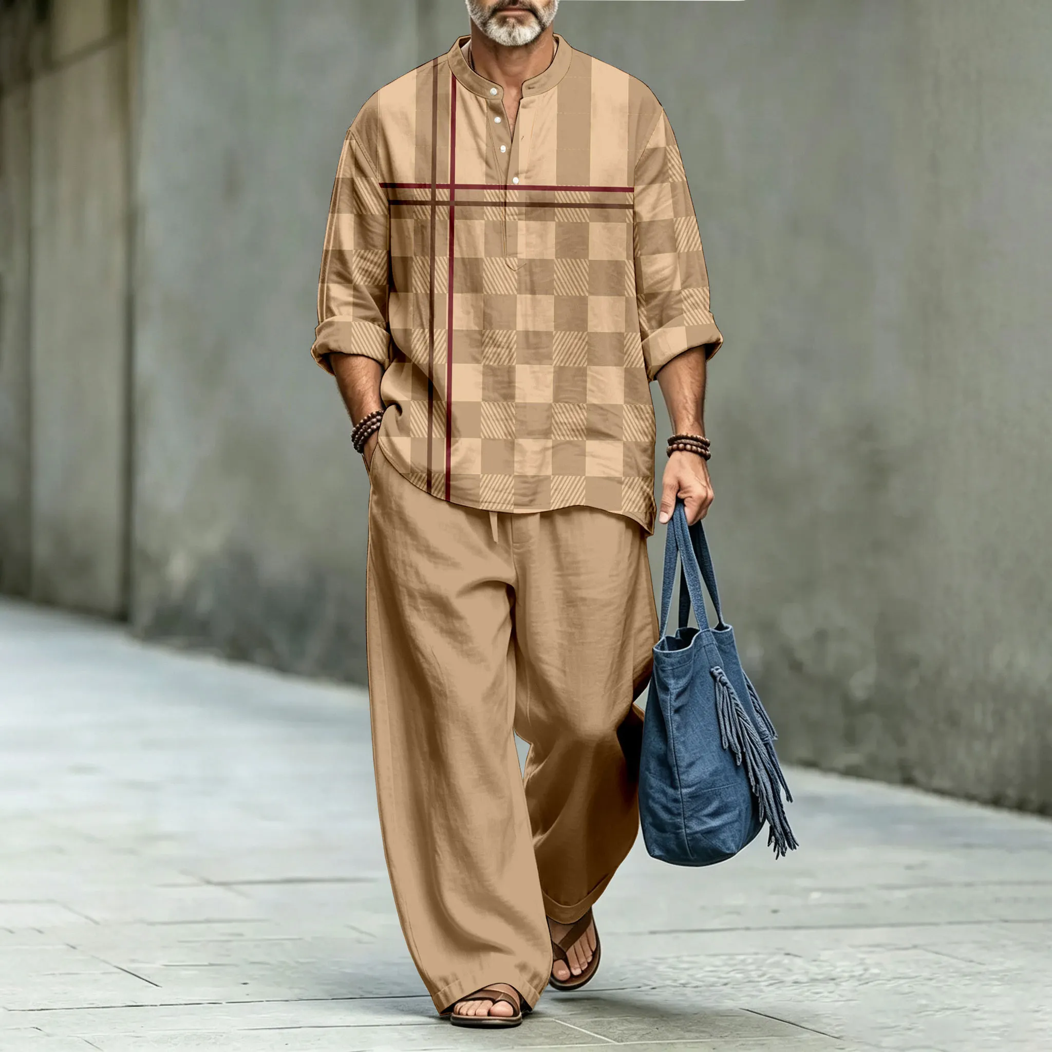para hombre Brown Stand-Collar camisa polo and Long pantalón Two-Piece Suit Set