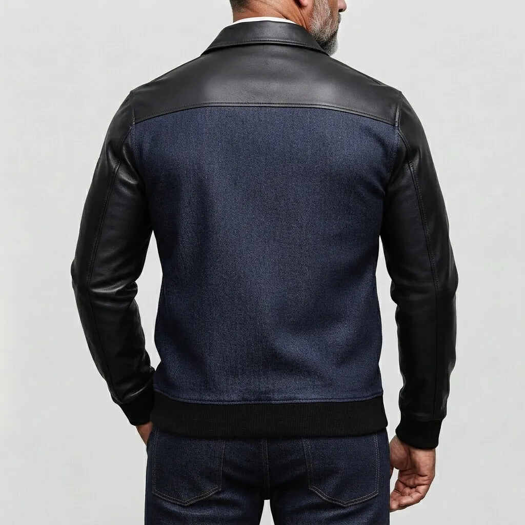 para hombre Denim PU Leather Patchwork de manga larga Half Zip Sweacamiseta