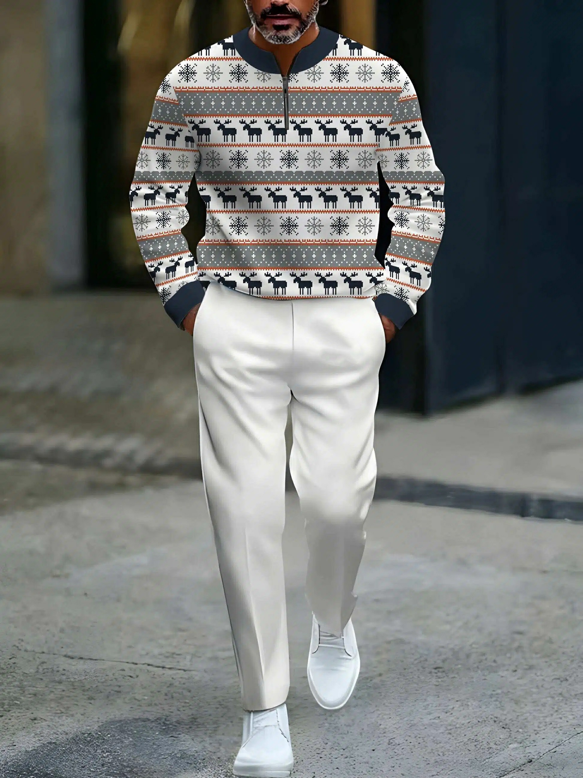 Conjunto de dos piezas casual White & Navy Color Matching Christmas estampado Round-Neck Zipper de manga larga sudadera & Trousers para hombre