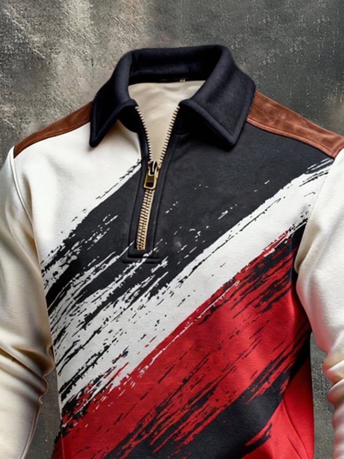 Sudadera retro en bloques de color estampado Color-Blocked con cierre para hombre
