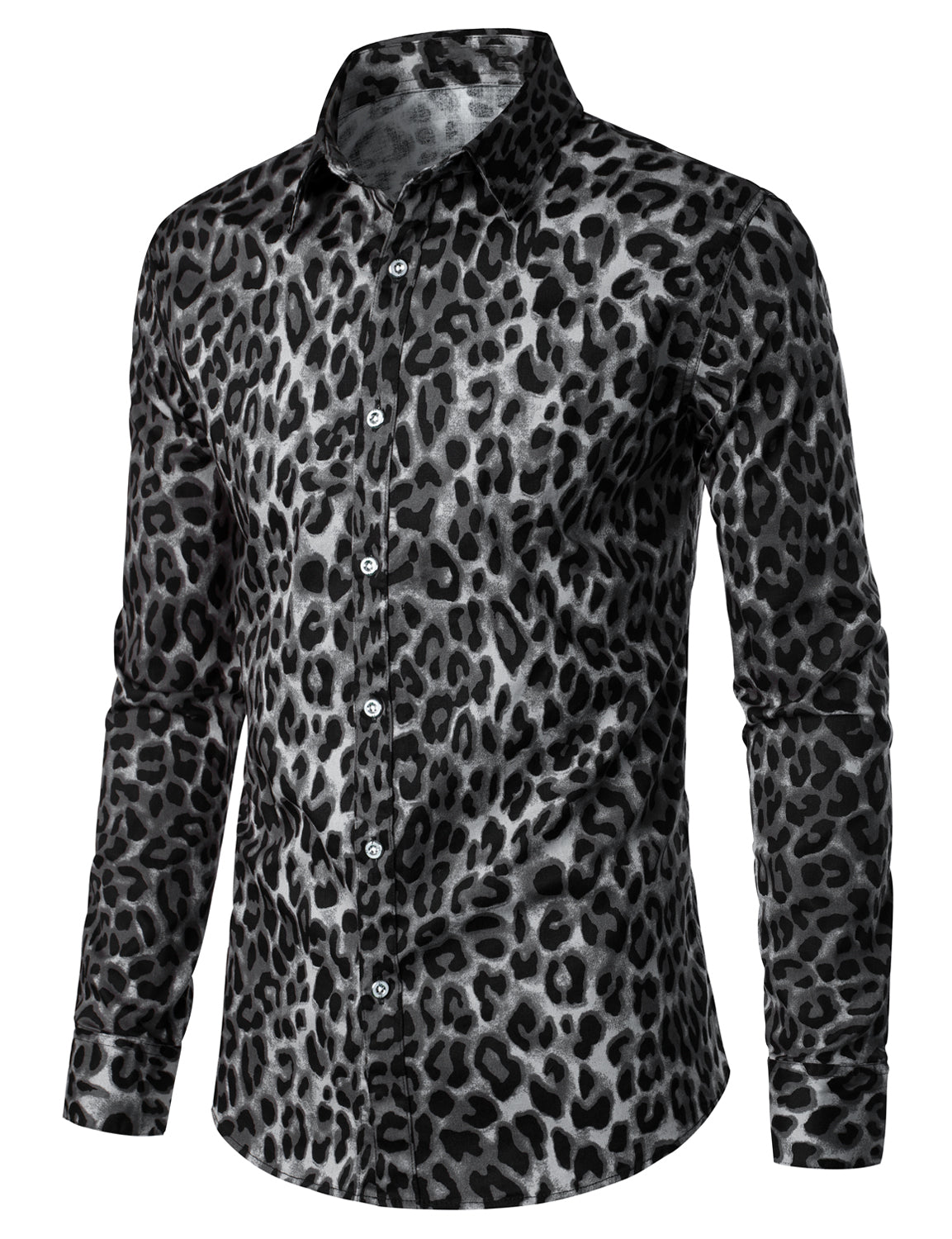 Camisa Grey Snow Leopard estampado Animal casual Rock Cool de algodón de manga larga para hombre
