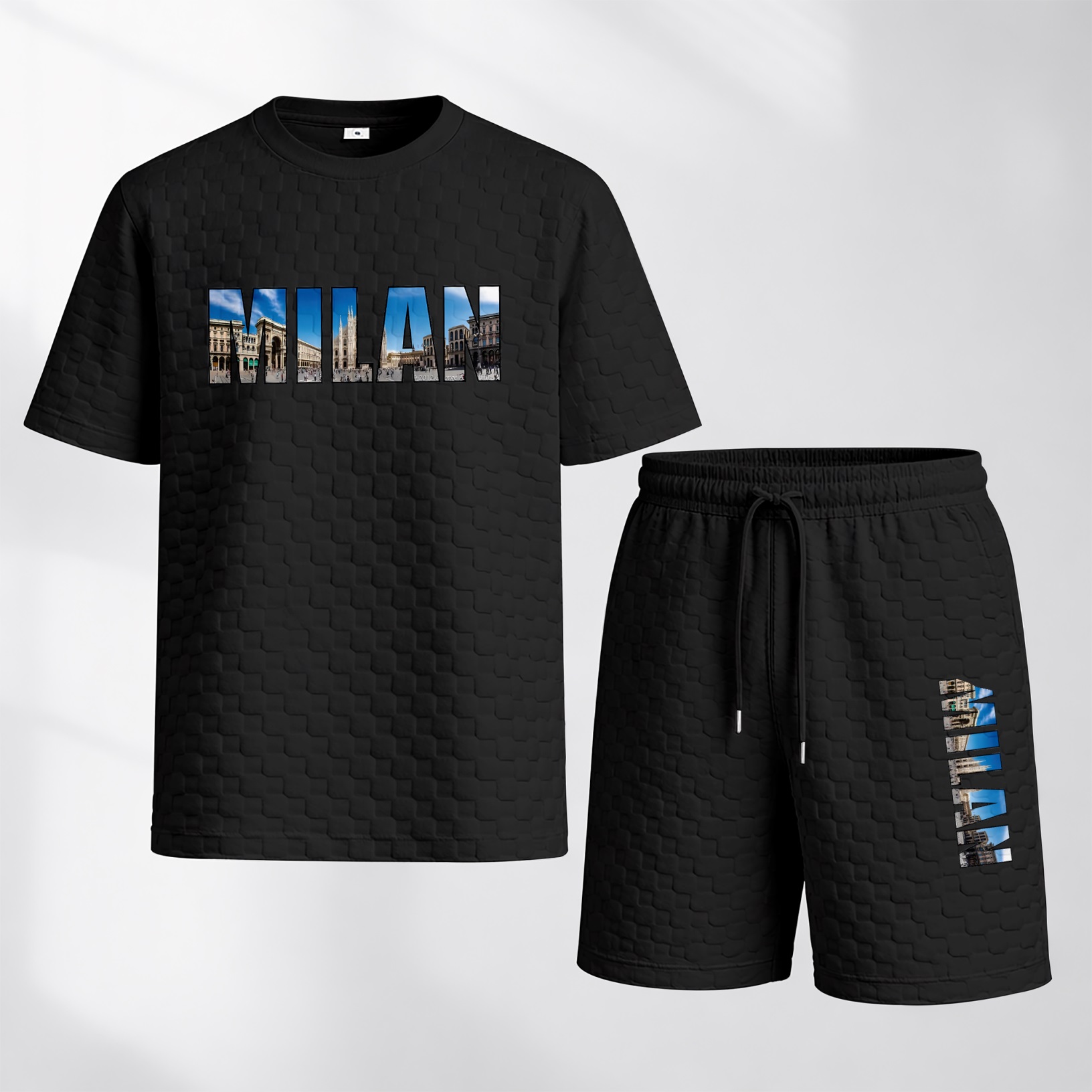 Camisa Spring and Summer Milan Letter estampado Checkered Fabric Drawstring shorts Set, casual Summer Outfit with de manga corta and shorts, Ideal for Everyday Wear and Sports Activities para hombre