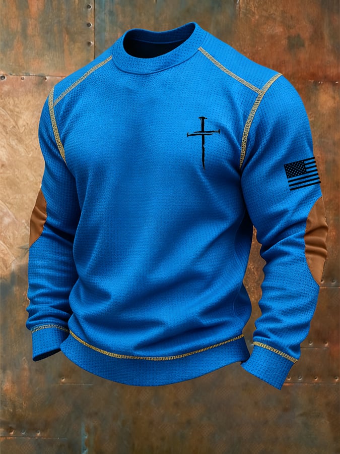 Sudadera vintage Faith Cross estampado Waffle cuello redondo para hombre