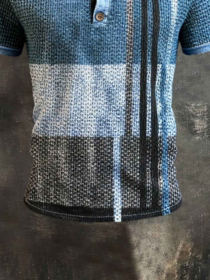 Camiseta vintage-Style Color-Block de manga corta With Henley cuello para hombre