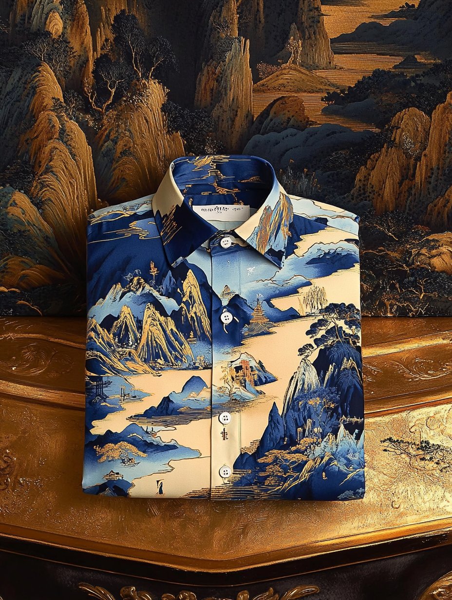Camisa de lujo clásico Ukiyo-e de manga larga para hombre