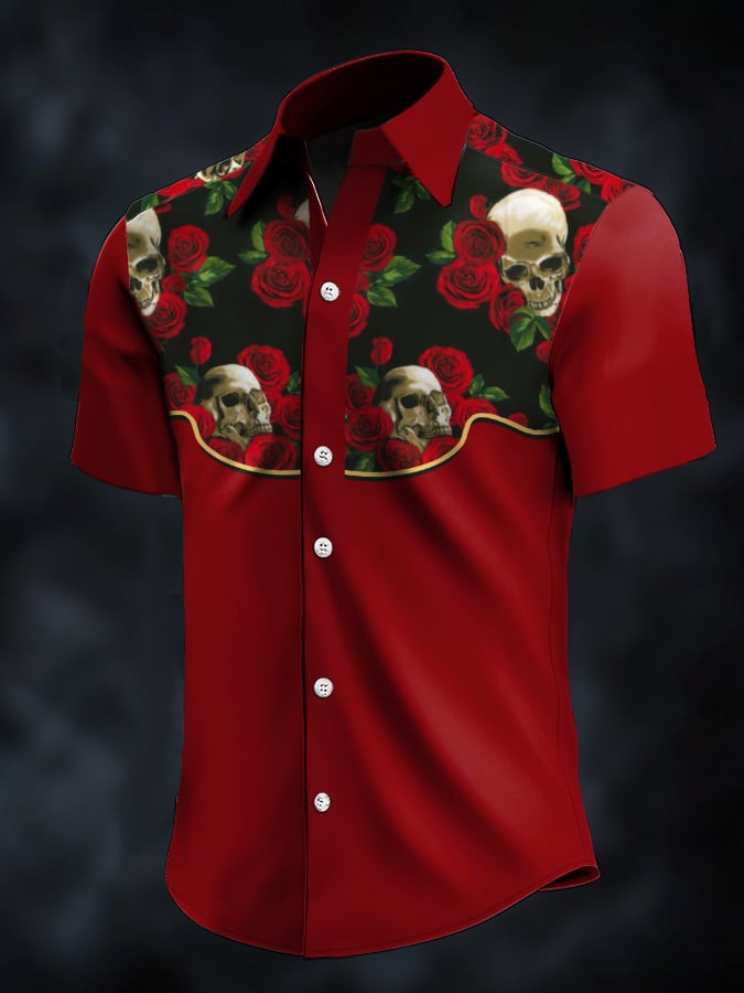 Camisa retro Western Contrast estampado de manga corta casual para hombre