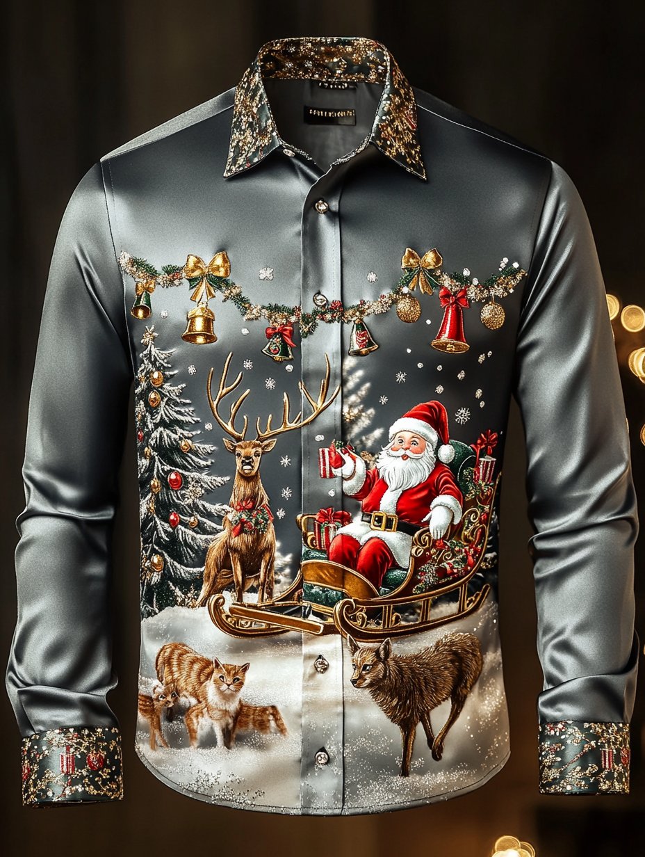 Camisa retro New Year Christmas estampado de manga larga para hombre