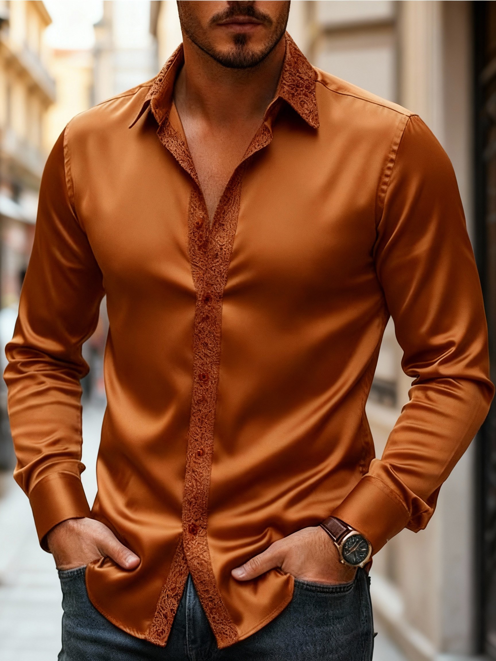 Camisa elegantee Gold de manga larga para hombre
