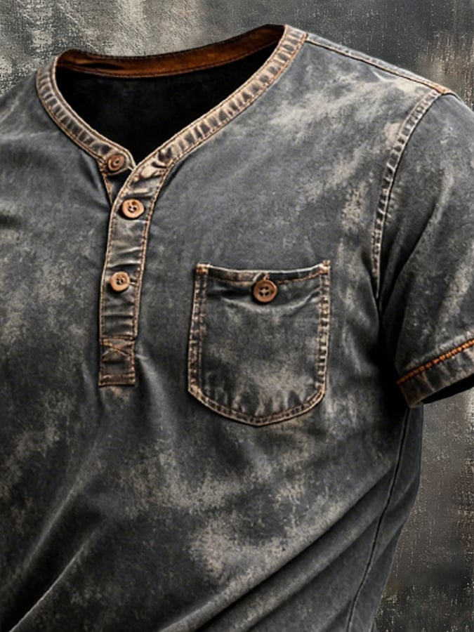 Camisa vintage Pure de algodón Washed desgastado Henry para hombre