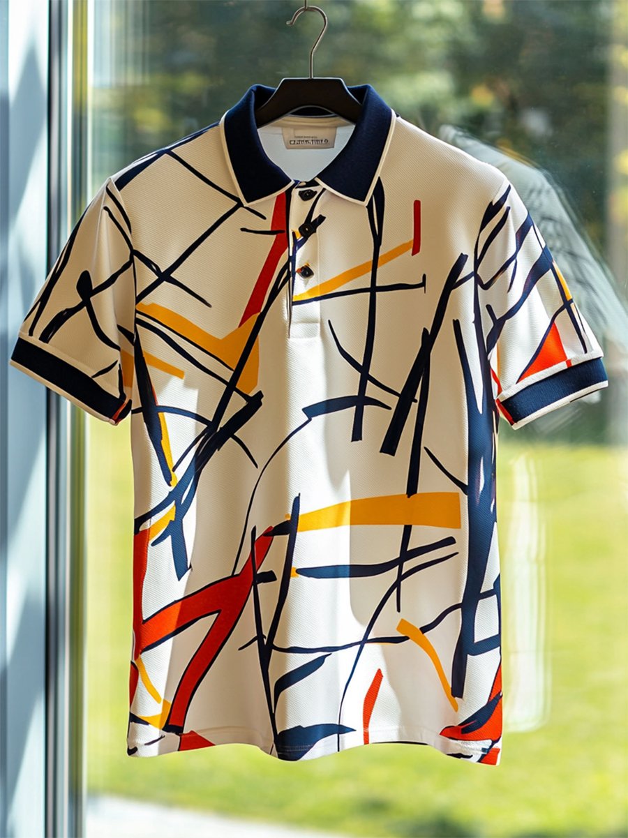 Camisa polo ejecutivo casual Bauhaus estampado Button de manga corta para hombre