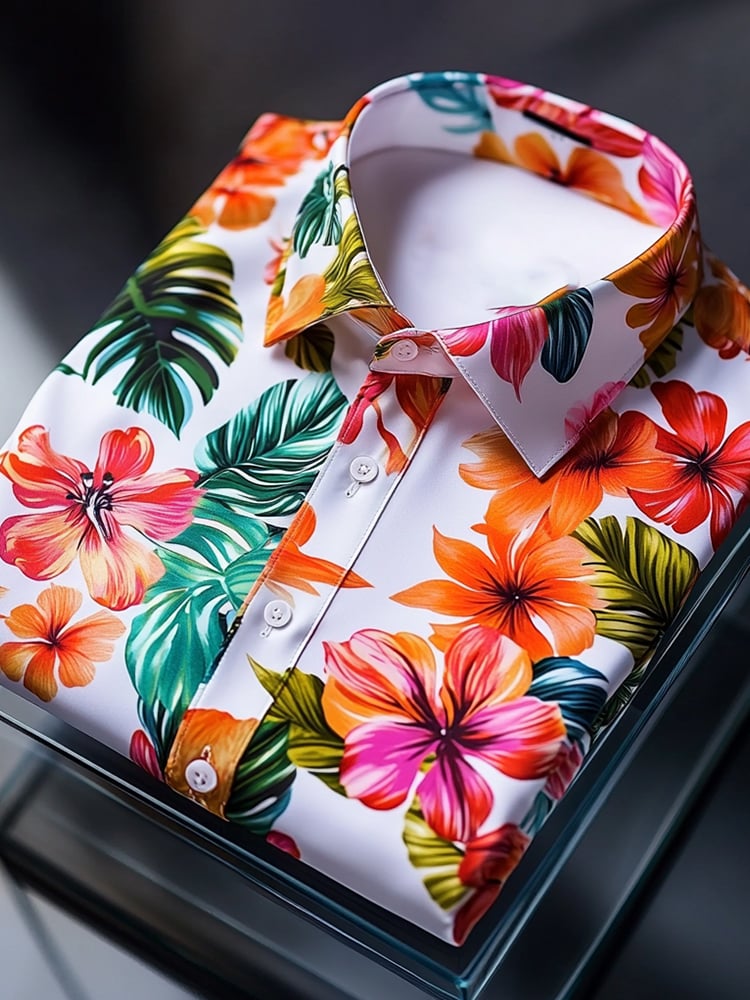 Camisa satén Luxe hawaiano All Over estampado Bougainvillea de manga corta Button para hombre