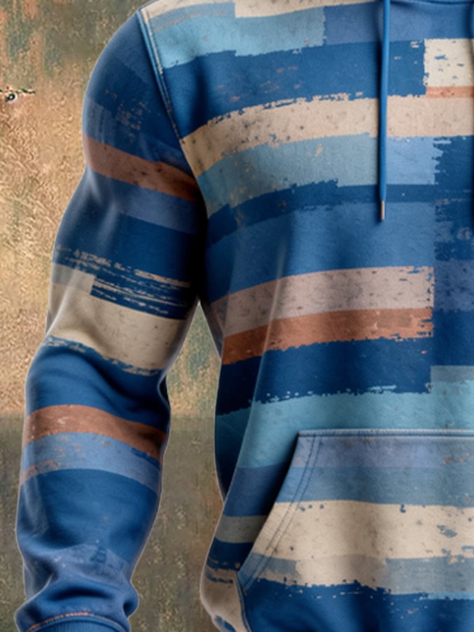 Sudadera retro desgastado en bloques de color estampado casual de manga larga para hombre