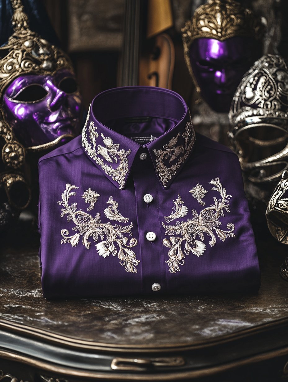 Camisa Purple Mardi Gras Theme de lujo de manga larga para hombre