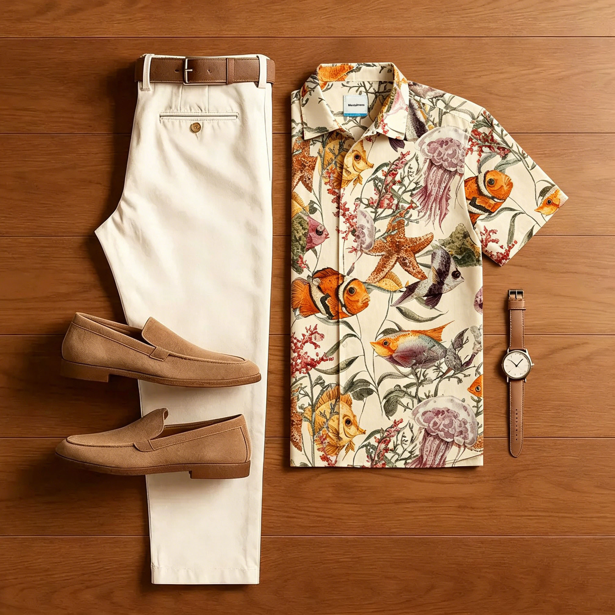 Conjunto de dos piezas casual Style Marine Animals estampado With Polo Collar camisa & pantalón para hombre